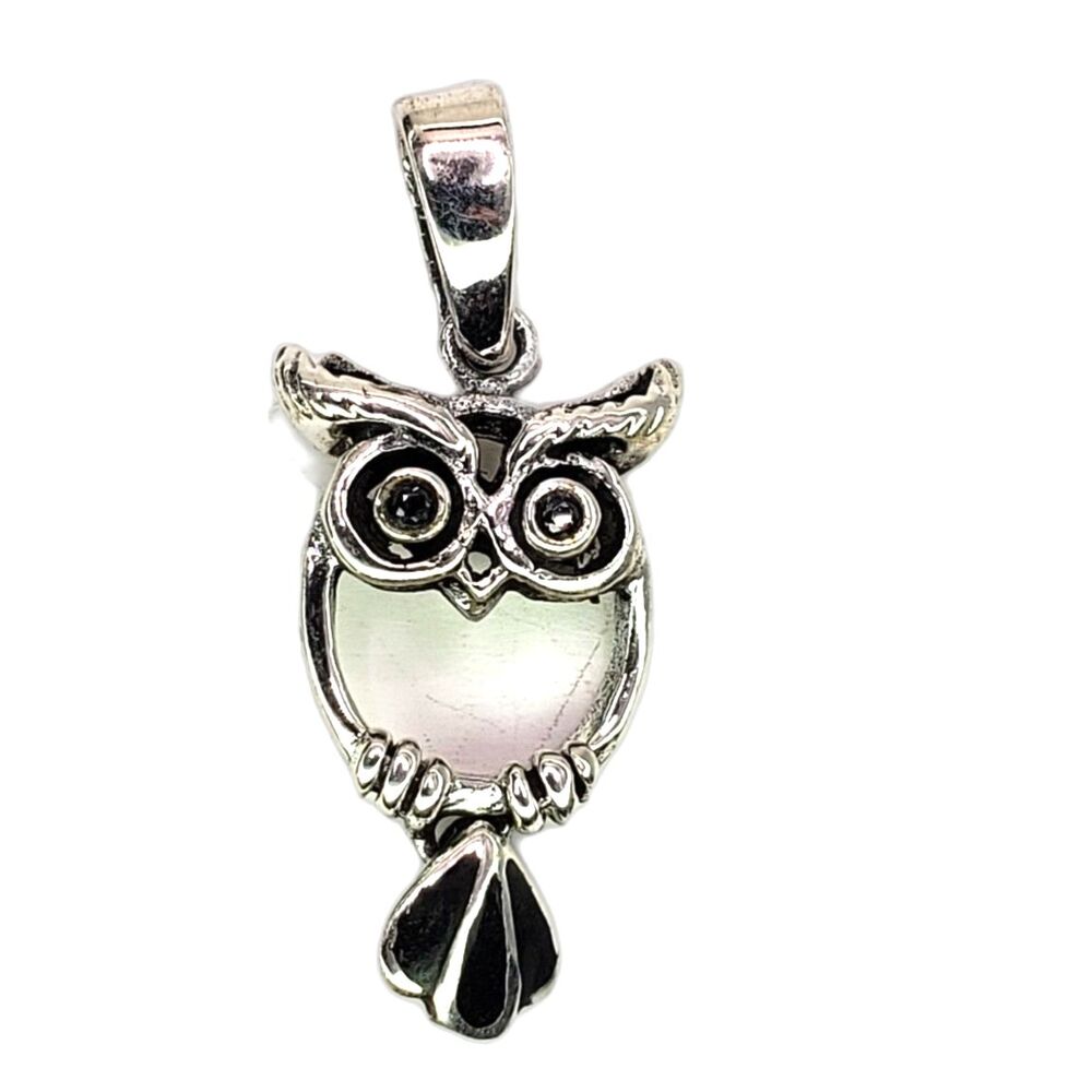 925 Sterling Silver Owl Pendant Black Onyx Inlay Articulated Tail 24mm 1.3gr